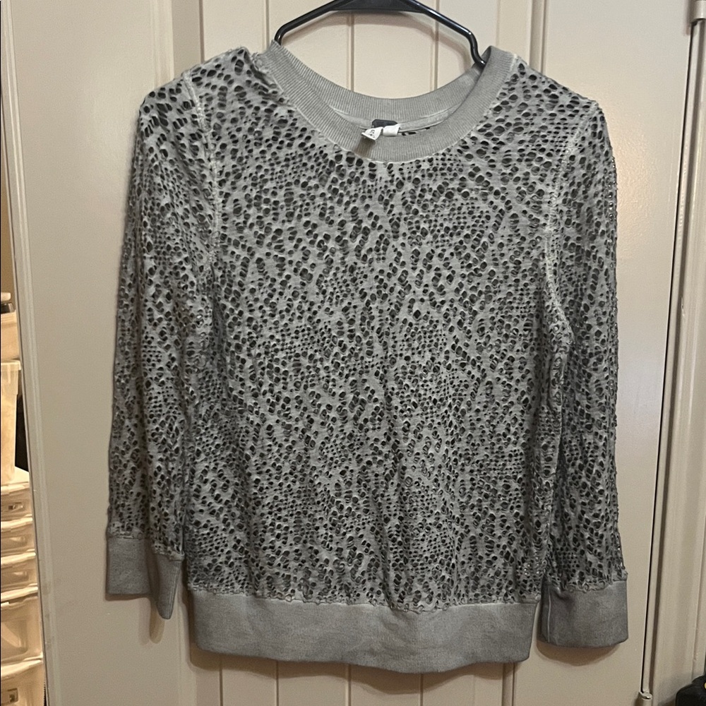 We The Free Gray Cutout Patterned Small Crew Neck Sweater